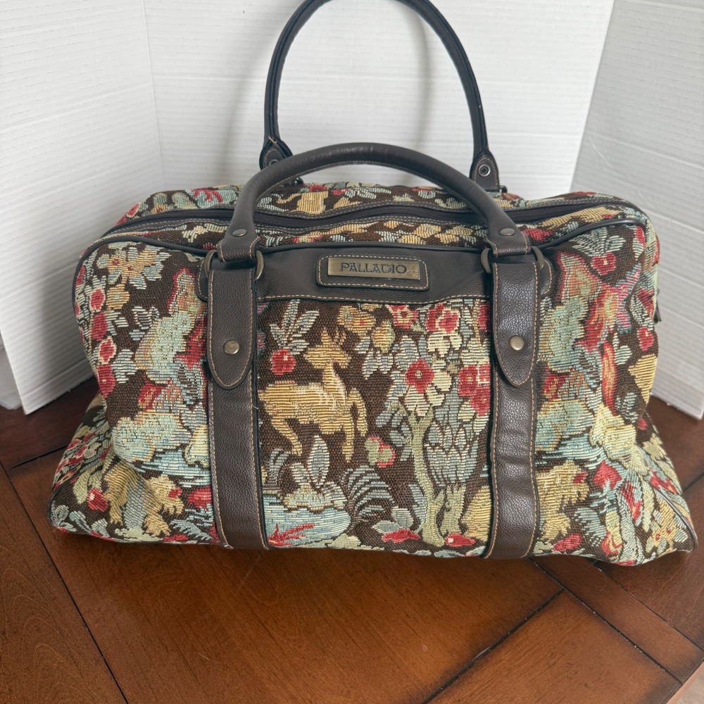 Palladio Vintage Tapestry Duffel Bag Floral Deer Woodland Weekender Brown Large